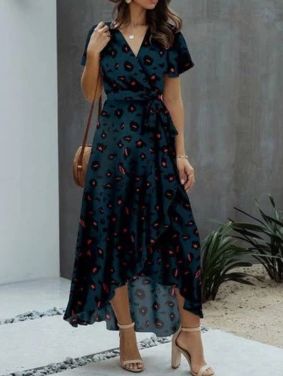 Dresses & Skirts - 1176.  Dark Blue Teal Floral Maxi Wrap Dress with Ruffle Hem